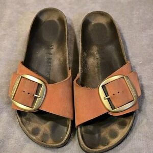 Birkenstock Brown Leather Slide Sandals with Brass Buckles